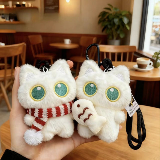 Cute Plush Keychain Featuring A Kitty Hugging A Little Fish